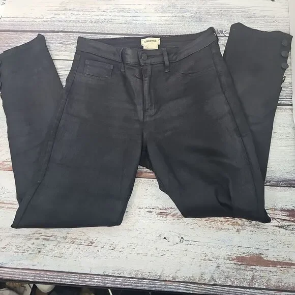 LAGENCE Noir Coated Skinny Jeans High Waist Button Detail Womens Size 27